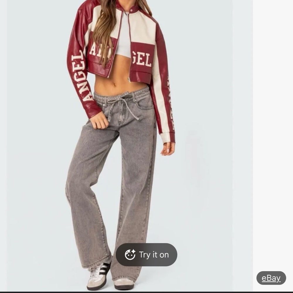 Edikted Maroon and Cream Varsity Jacket